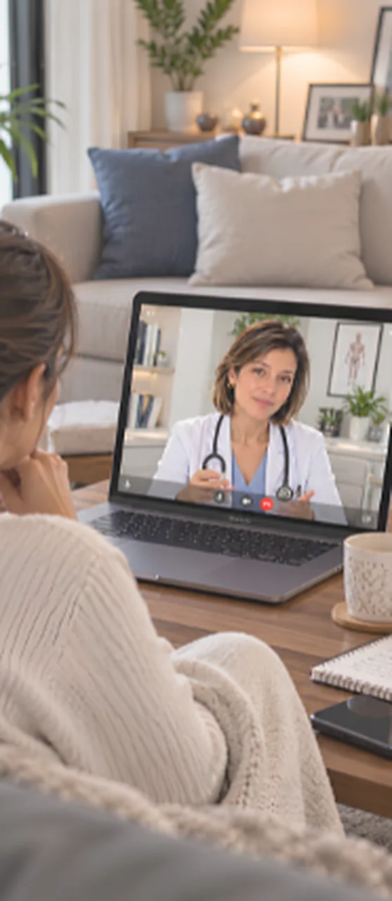 Una paciente en la sala de su casa conversa por videollamada con una médica desde su portátil